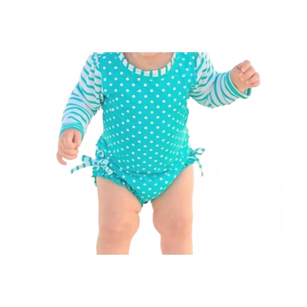 NEW RUFFLEBUTTS polka dot and stripe one-piece rash guard swim suit in aqua/whit